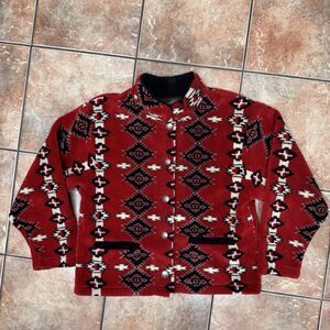 Women’s Fleece Jacket Black Diamond Button Sz XLarge Aztec Navajo Style Red